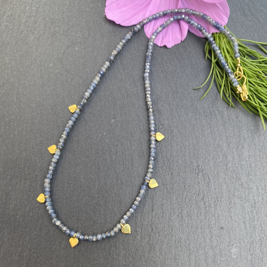 Contemporary Burmese Blue Sapphire and Gold Vermeil Hearts Necklace