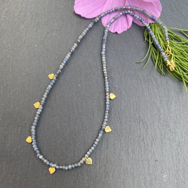 Contemporary Burmese Blue Sapphire and Gold Vermeil Hearts Necklace