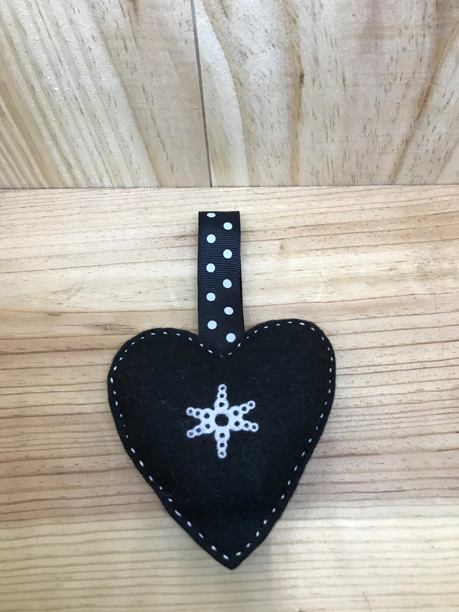 Black Felt Snowflake Heart. (185)