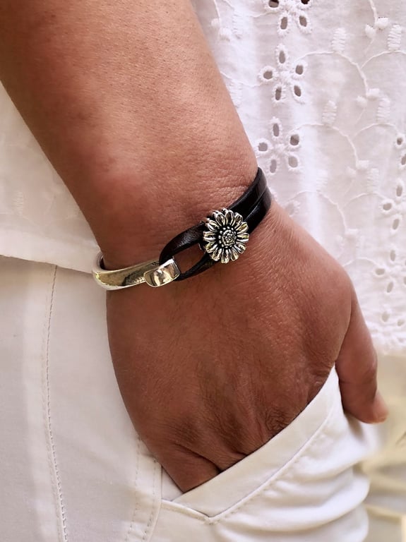 Women's Leather Bracelet, Wrap Boho Bracelet, Silver Plated Clasp