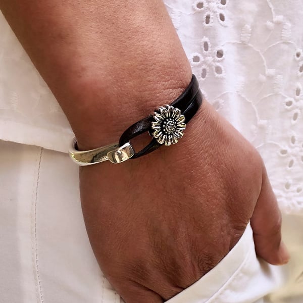 Women's Leather Bracelet, Wrap Boho Bracelet, Silver Plated Clasp