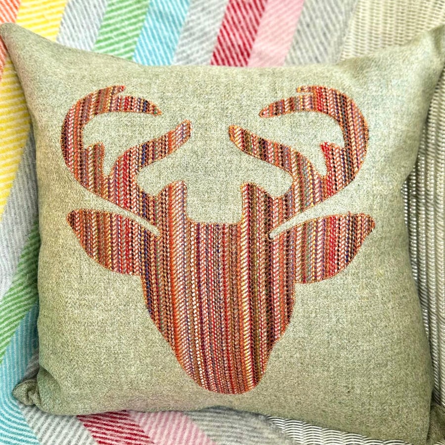 Tweed Appliqué Stag Scatter Cushion with Pad, Sage 46x46cm