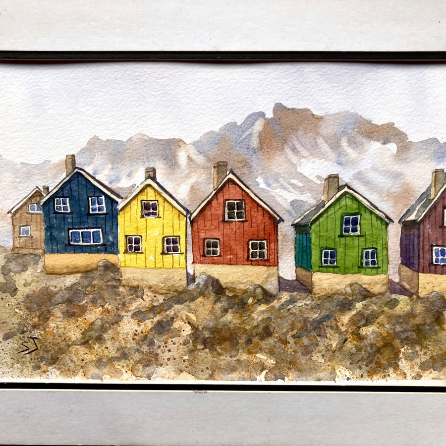 Colourful Nordic cottages Greenland original watercolour painting