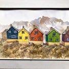 Colourful Nordic cottages Greenland original watercolour painting