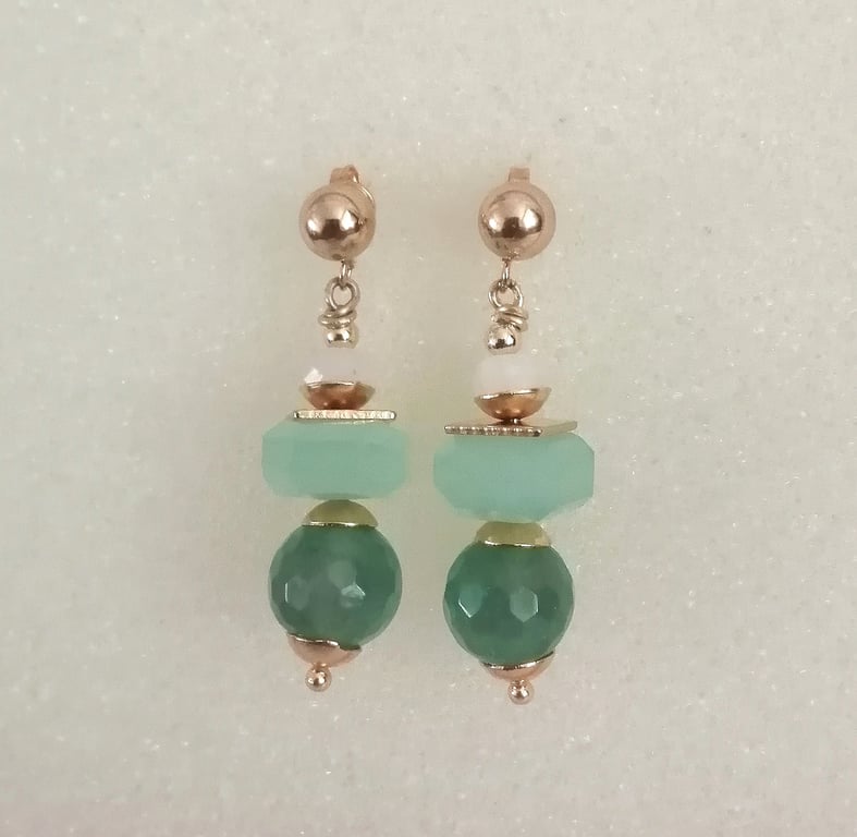 Sea green chalcedony dangle earrings, agate & moonstone