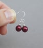 Simple Burgundy Glass Pearl Drop Earrings - Dark Red Ball Dangle Earrings - Image 3