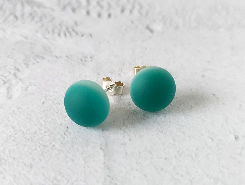 Teal stud earrings, fused glass with sterling silver fittings