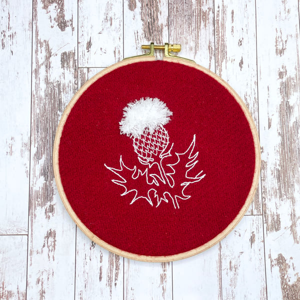 Scottish thistle embroidery art, 6.5". Hand stitched floral wall art.