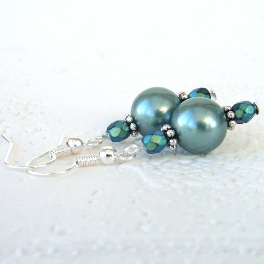Teal green shell pearl and crystal earrings