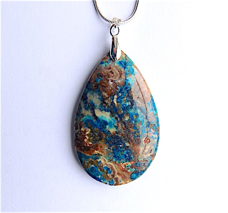 Azur blue sea sediment jasper pendant necklace, 925 silver snake chain.