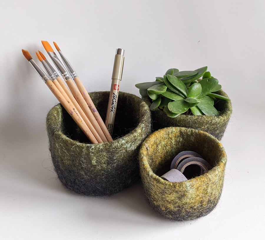 Trio of nesting wool felt pots - grey and greens