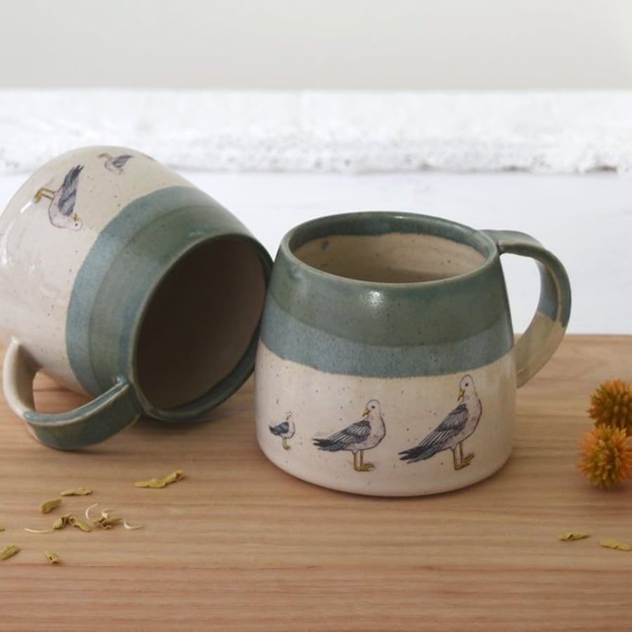 Coastal green and cream ceramic seagull mug - handmade stoneware pottery