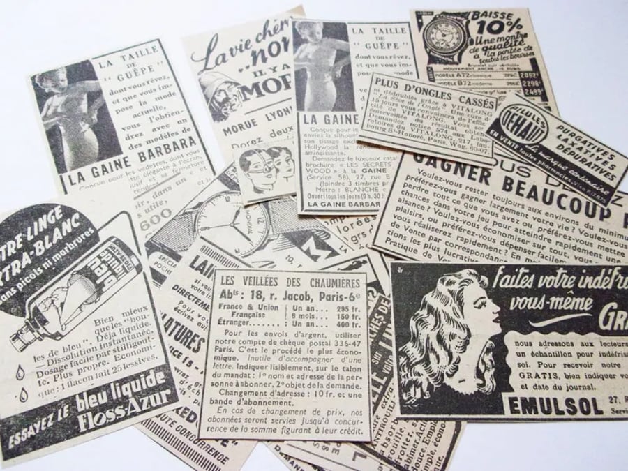 Vintage French adverts: pack of 20 small ads for scrapbooks, journals, collage
