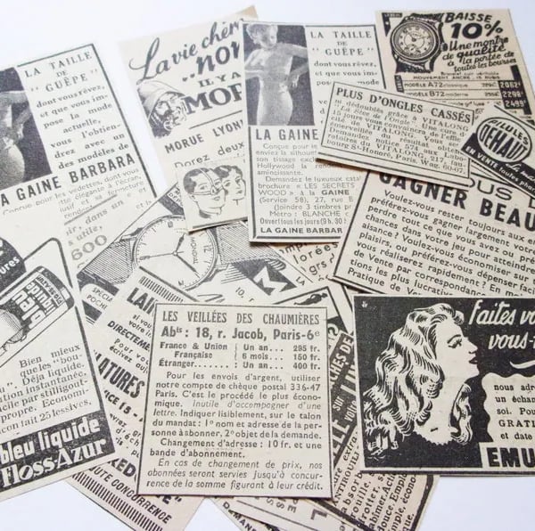Vintage French adverts: pack of 20 small ads for scrapbooks, journals, collage