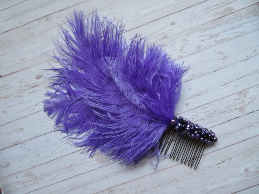 Ultraviolet Purple Ostrich Feather & Crystal Beaded Regency Vintage Hair Comb 