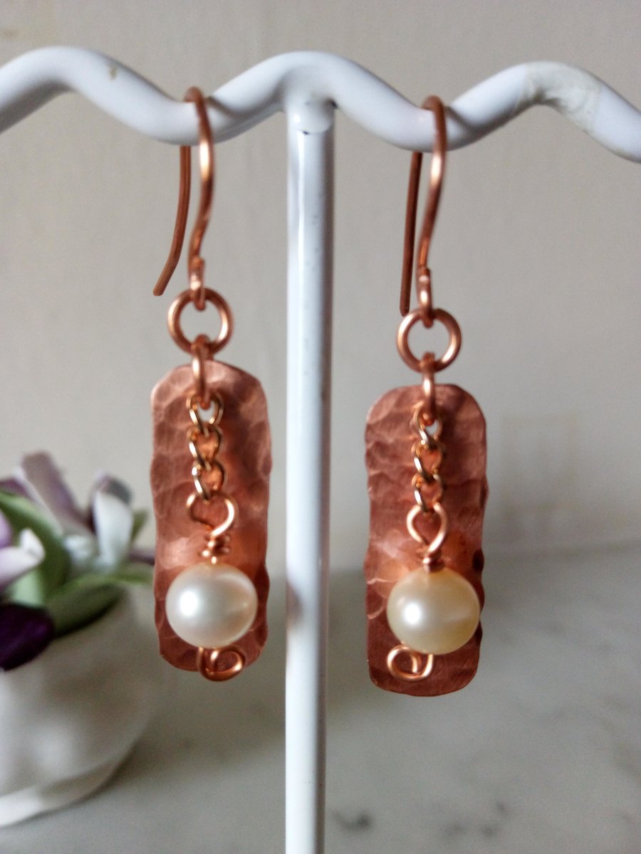 COPPER AND PEARL EARRINGS - DANGLE - BRIDE - WEDDING - FREE UK SHIPPING 