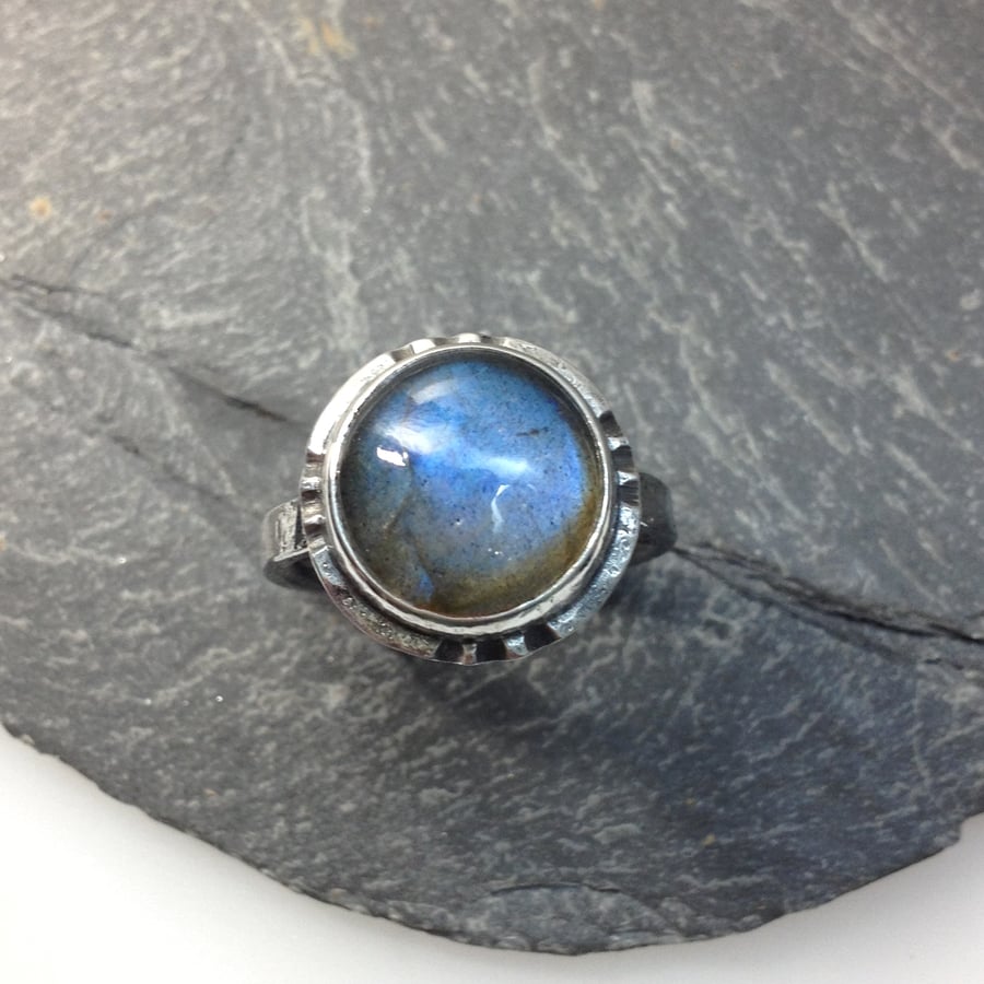 Silver ring with large round labradorite. Size N