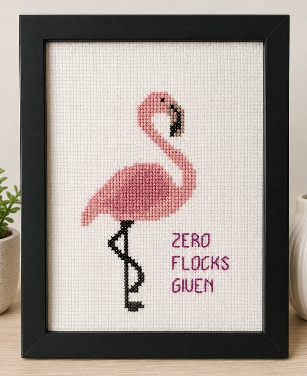 Framed flamingo picture in cross stitch