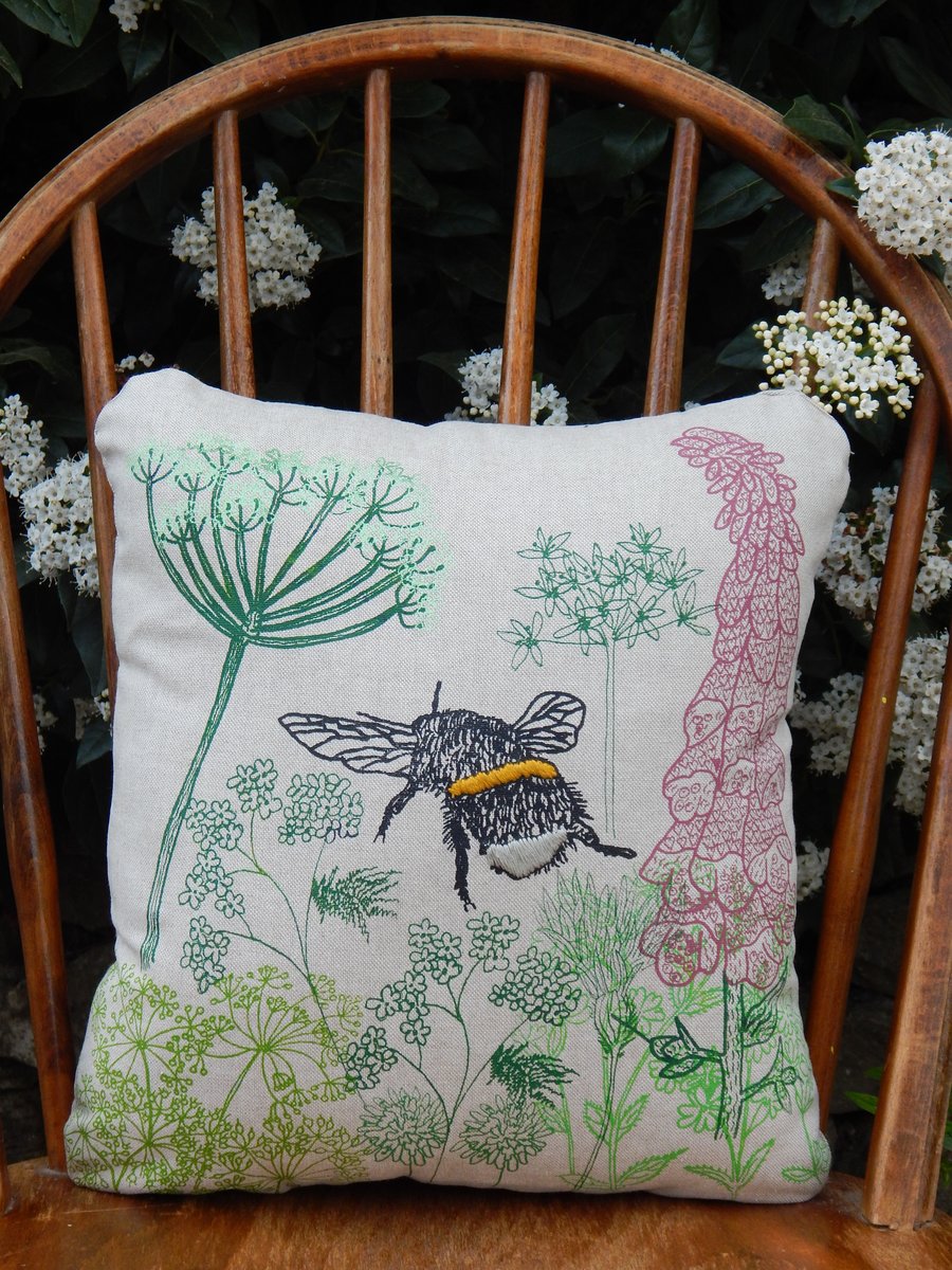 Beige - Screen printed Bee and Hedgerow flowers