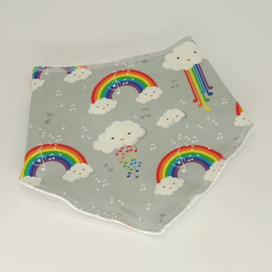 Handmade dribble bib, rainbow music cloud print, bright fun colours