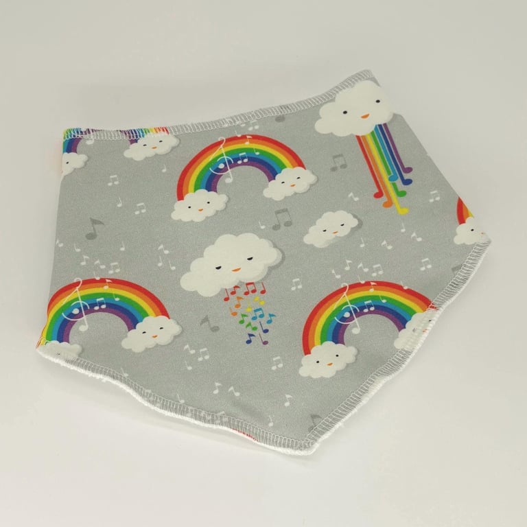 Handmade dribble bib, rainbow music cloud print, bright fun colours