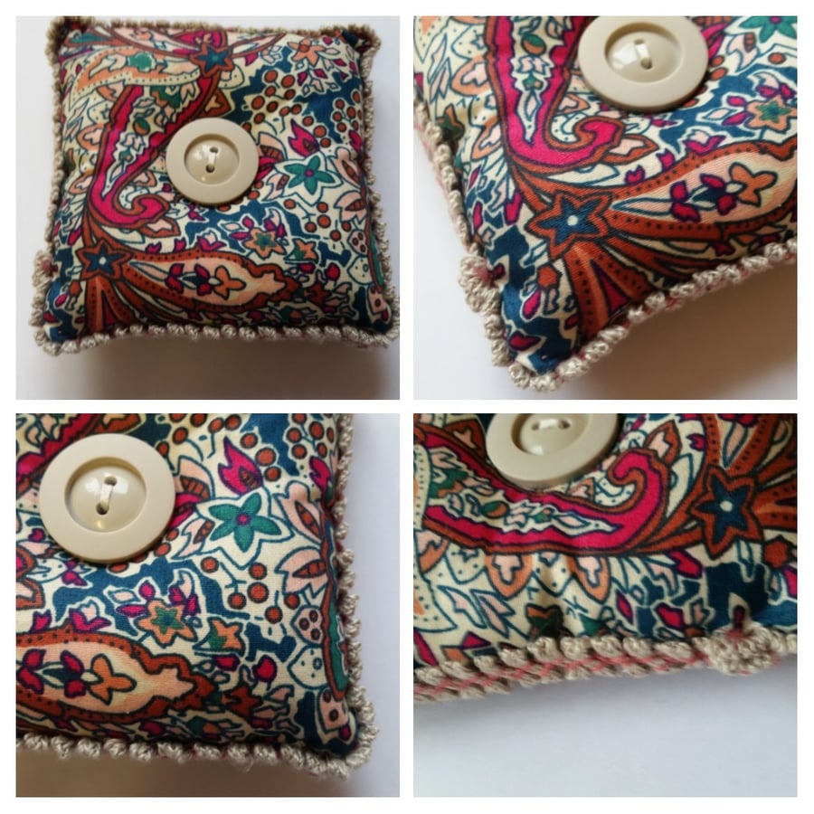 Pin cushion in teal and cherry red fabric. Free uk delivery.  