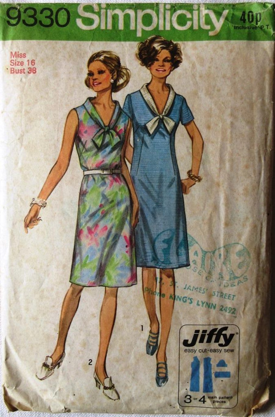 A sewing pattern for a misses' sleeveless or short-sleeved dress in size 16