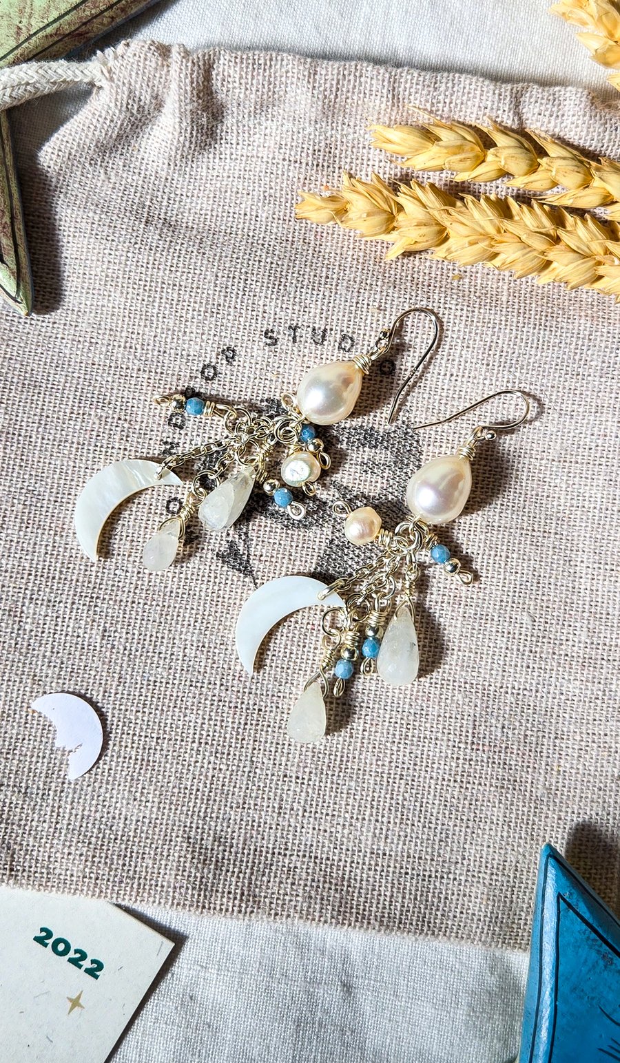 Pearl Earrings - Celestial Mother of Pearl Crescent Moon, Rainbow Moonstone