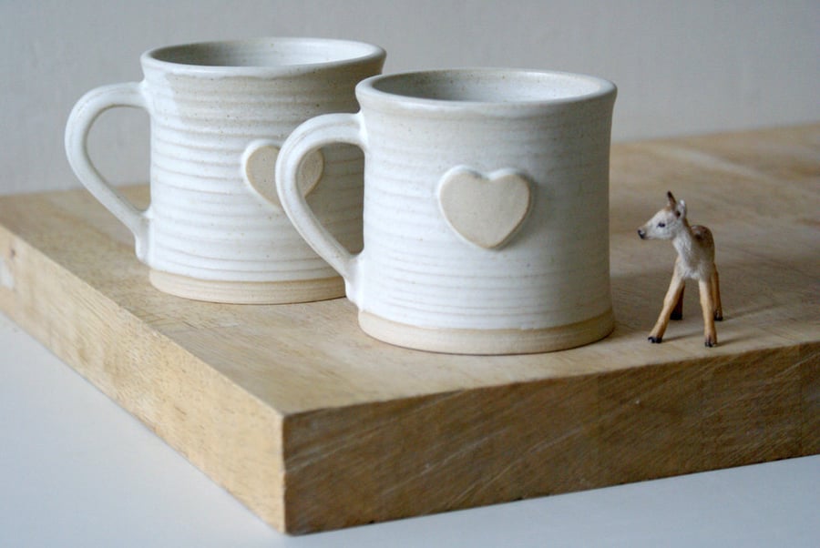 Set of two heart mugs glazed in vanilla cream - hand thrown stoneware pottery