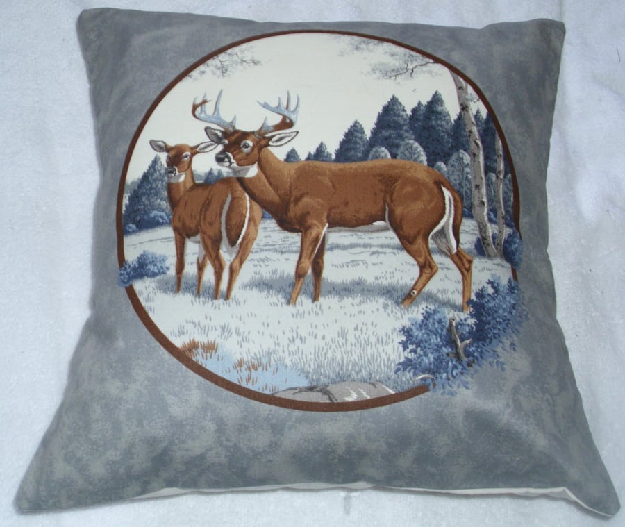 Deer and Stag in a field by an Autumnal forest cushion (grey)