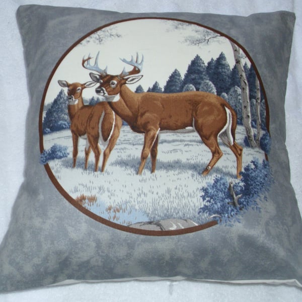 Deer and Stag in a field by an Autumnal forest cushion (grey)