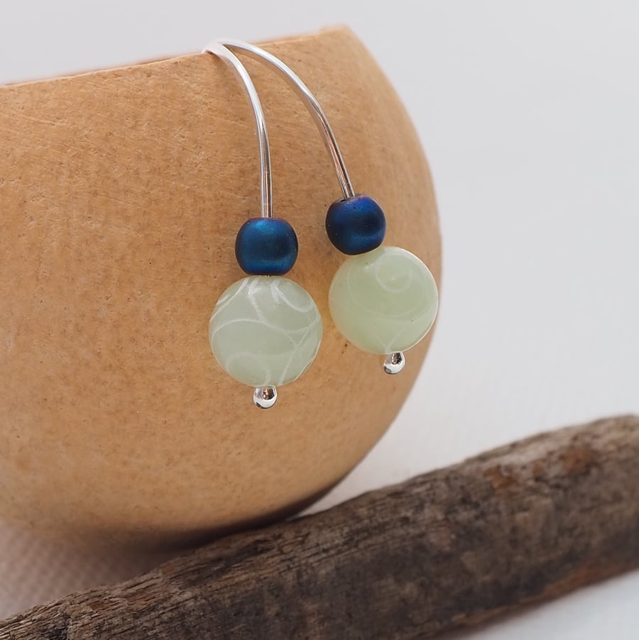 Carved Jade Silver Drop Earrings with Hematite