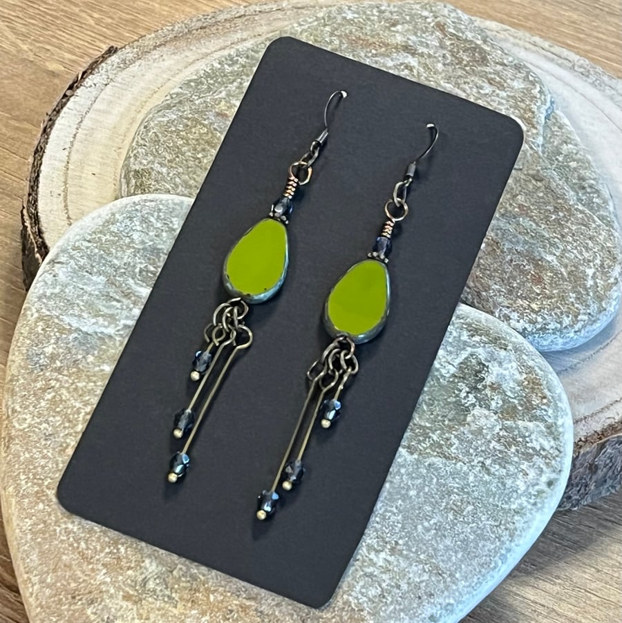 Lime green and deep blue teardrop waterfall earrings 