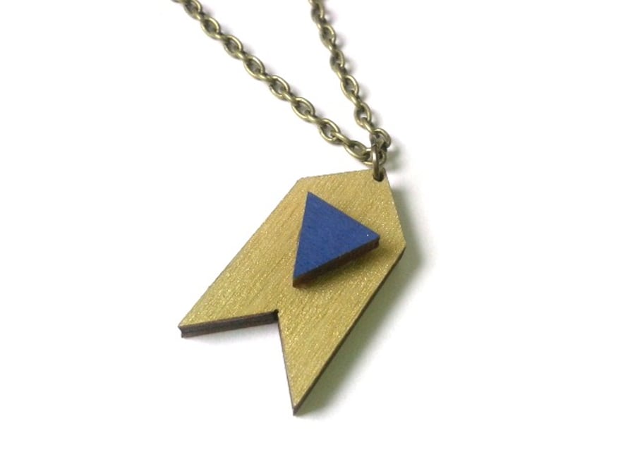 Geometric Gold Wooden Chevron & Navy Blue Triangle Necklace