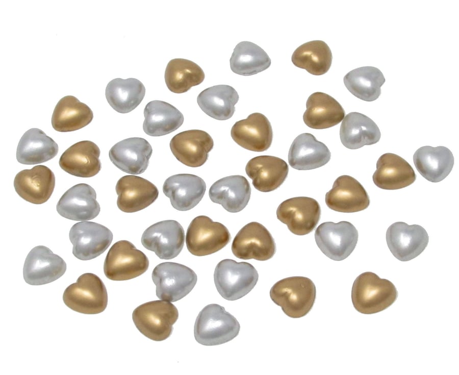 100 x Silver and Gold 8mm Pearl Flat Backed Heart Shape Beads Gems Weddings, Cra