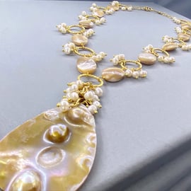 Cultured Pearl Cluster Beaded Necklace with Blister Pearl Pendant Gold Filled