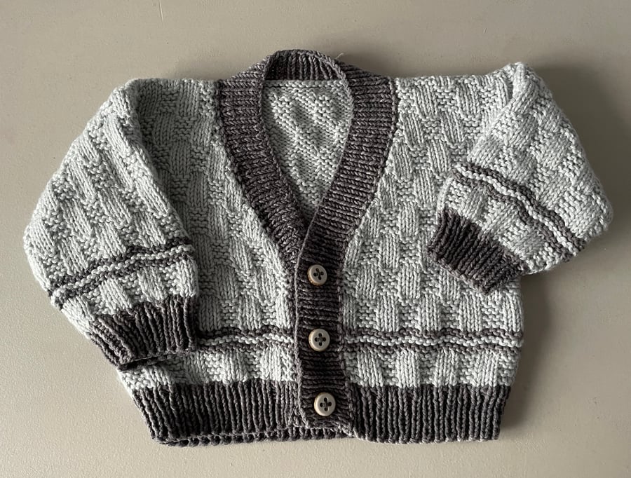 Hand knitted Baby Boys cardigan in grey