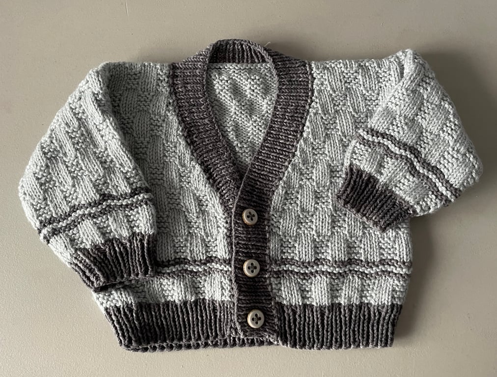 Hand knitted Baby Boys cardigan in grey