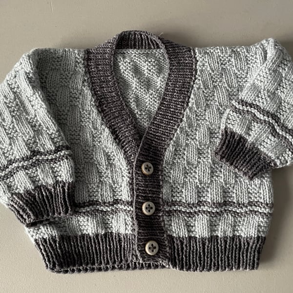 Hand knitted Baby Boys cardigan in grey