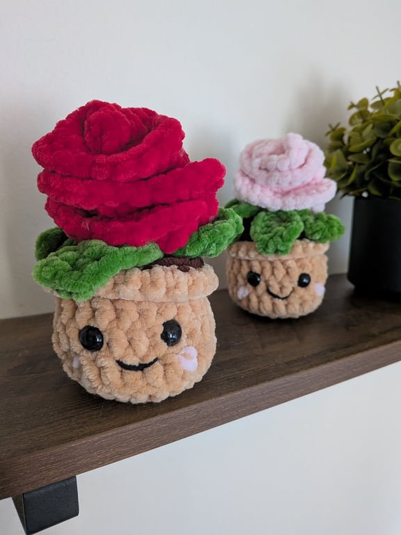 Crochet handmade rose in plant pot the perfect gift present 