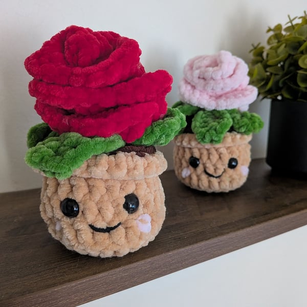 Crochet handmade rose in plant pot the perfect gift present 