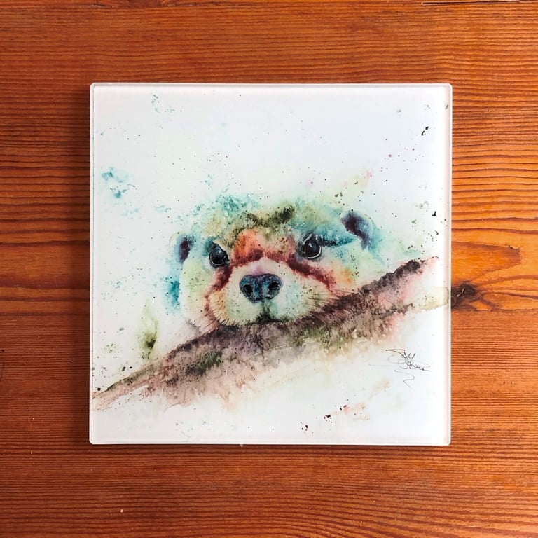 Otter Watercolour Art on a 20cm square Glass Trivet, 