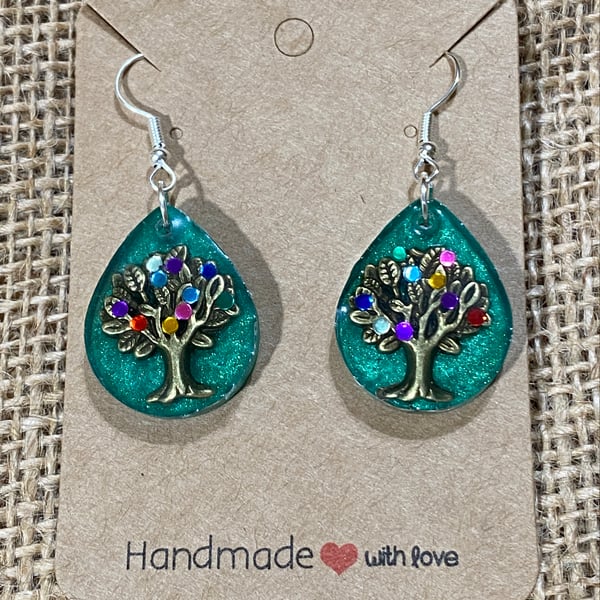 Small Handmade Teardrop Shaped Tree Of Life Earrings With Rhinestones