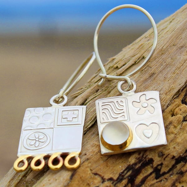  Moonstone earrings, square, asymmetrical, sterling silver drop earrings