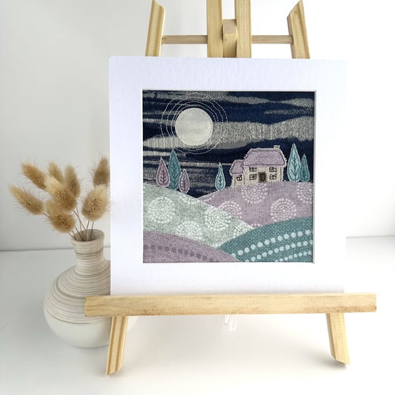 Textile Art, Embroidered Art, Mounted Wall Art - Moonlit Cottage