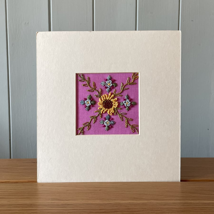 Sunflower Square Embroidery. Hand stitched Art work. Textiles art. Original work