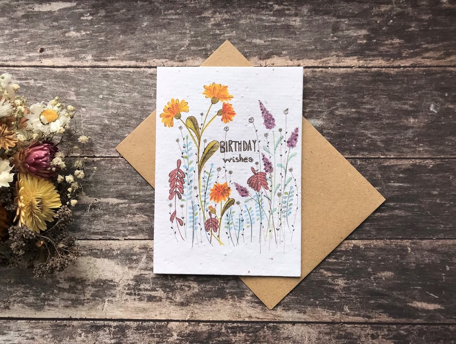 Plantable Seed Paper Birthday Card, Blank Inside, Medow flowers card,Birthday