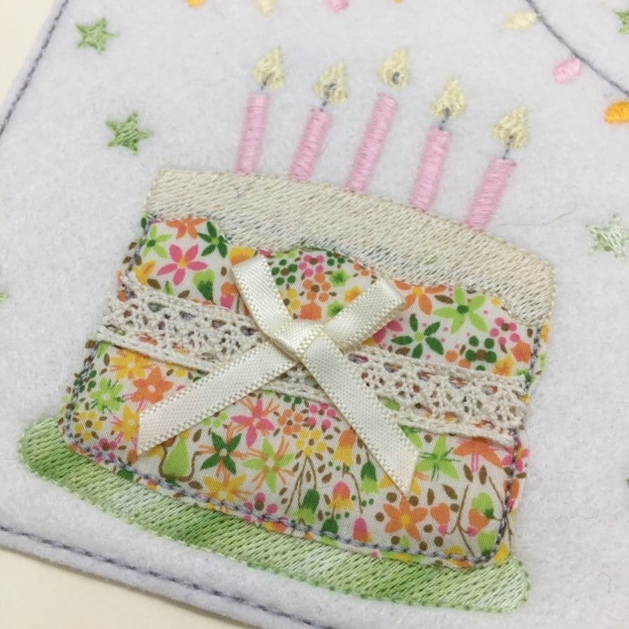 Birthday Cake Card, Textile Birthday Card, Liberty Print Happy Birthday Card