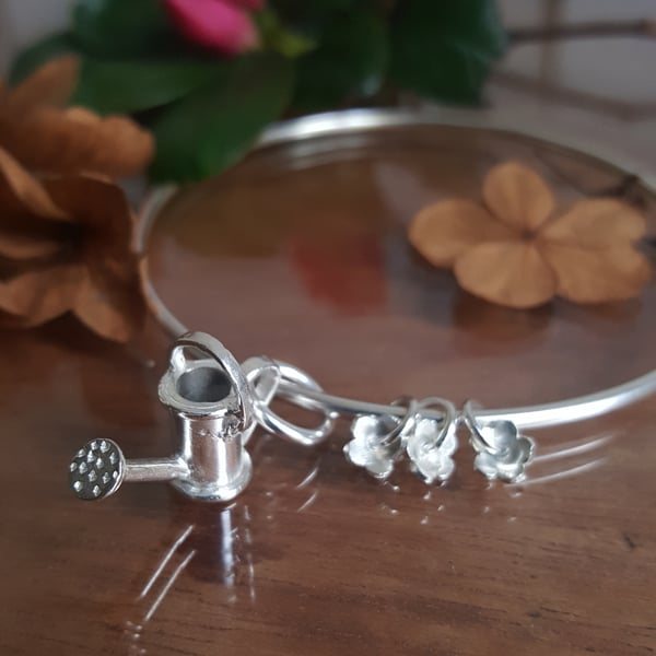 Gardening Bracelet, Watering Can & Tiny Flower Charms Bangle
