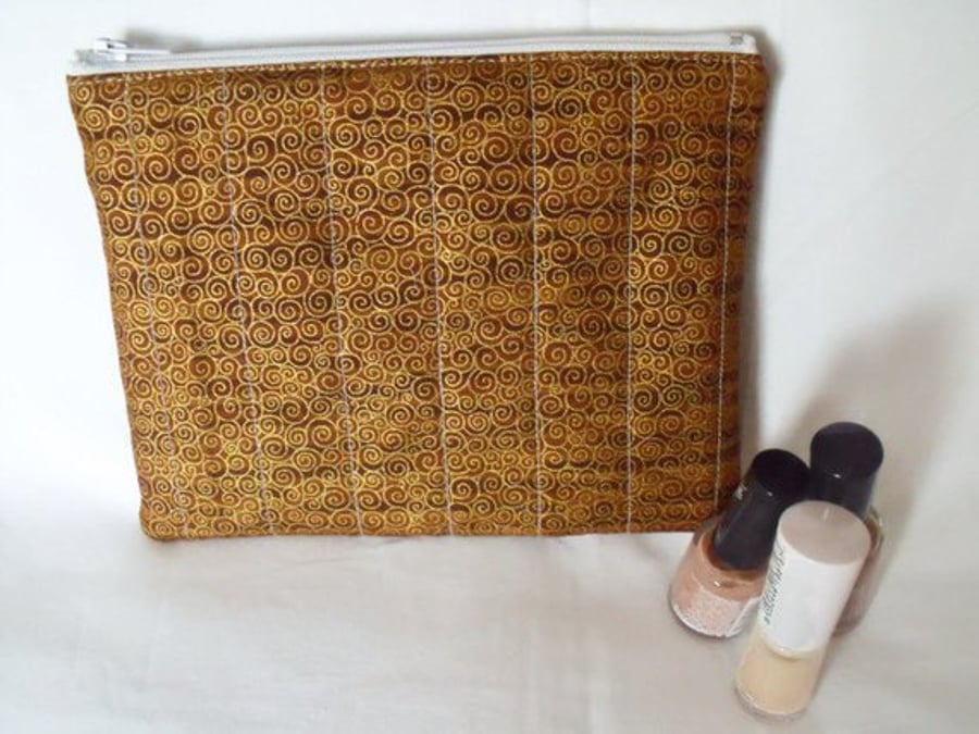 tan and gold zipped make up pouch, pencil case or crochet hook case